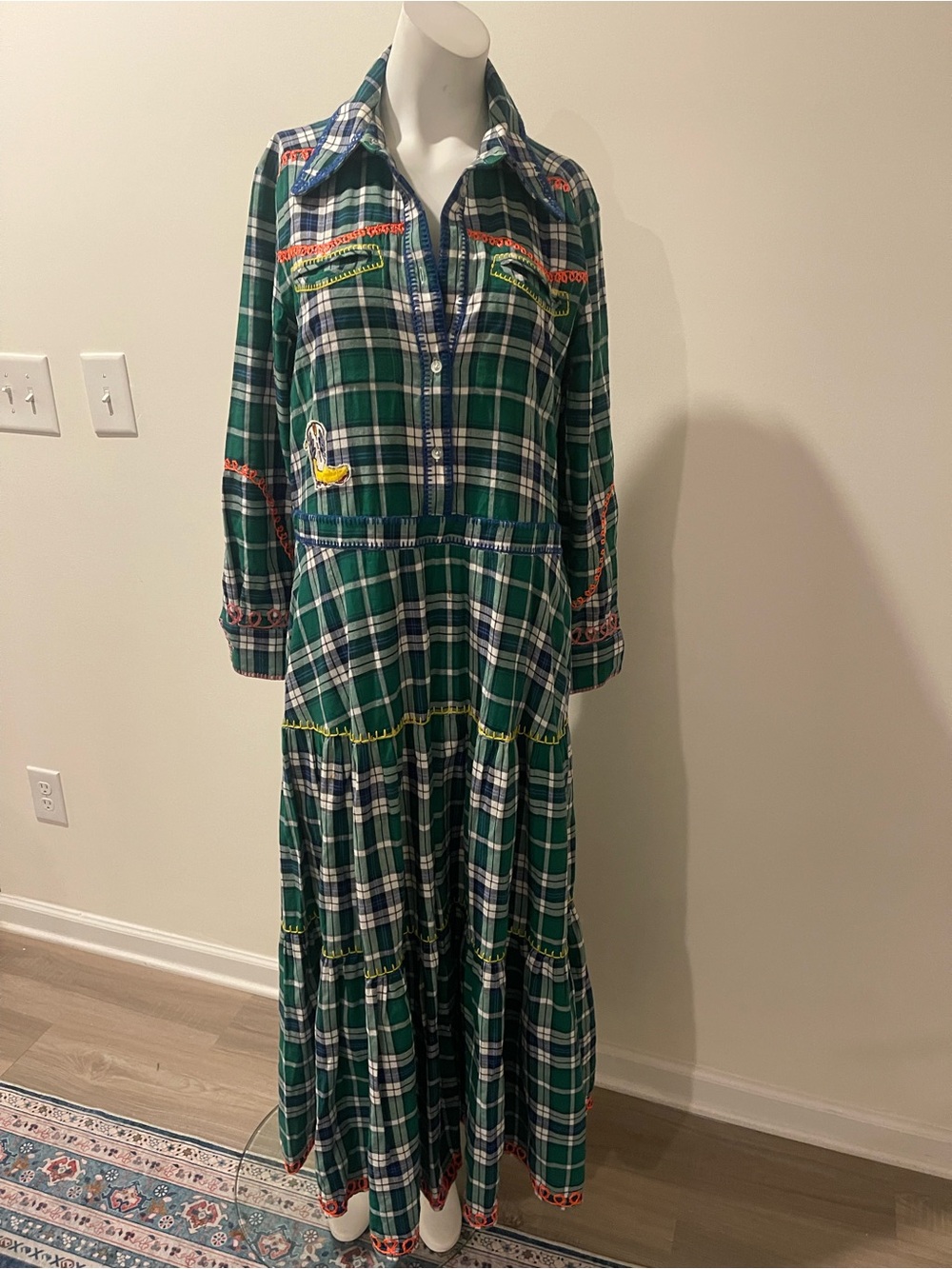 Mira Mikati  Green Plaid Tiered Maxi Dress with Embroidered Accents size EU38